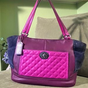 COACH Park Quilted CARRIE Colorblock Pink/Purple/Navy Leather Suede Shoulder Bag